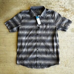 NWT Travis Mathew Men's L Striped Gray Button-down Shirt Black Performance